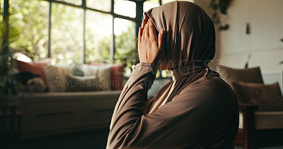 Buy stock photo Muslim, prayer and dua with woman and hijab for gratitude, ramadan kareem and religion. Spiritual, peace and Islamic with person and salah in living room of home for eid Mubarak, Allah and faith