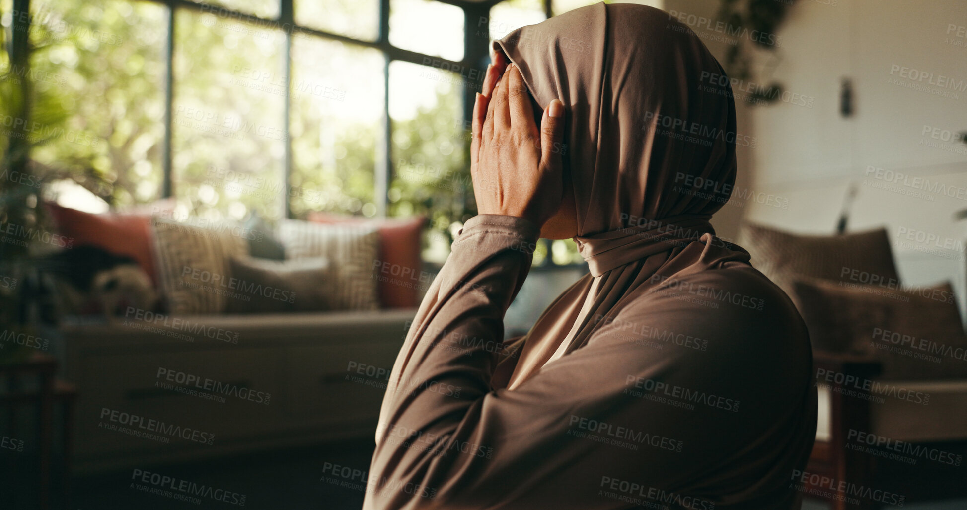 Buy stock photo Muslim, prayer and dua with woman and hijab for gratitude, ramadan kareem and religion. Spiritual, peace and Islamic with person and salah in living room of home for eid Mubarak, Allah and faith