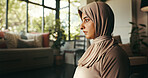 Muslim, woman and praying belief at house for spiritual worship, religion guidance and praise to Allah. Person, faith and fasting for Ramadan tradition, holy devotion and gratitude of Islam culture