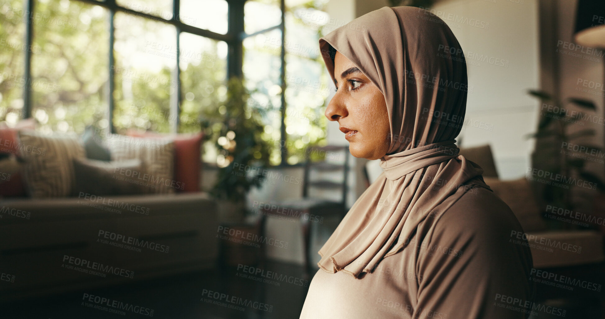 Buy stock photo Muslim, woman and praying belief at house for spiritual worship, religion guidance and praise to Allah. Person, faith and fasting for Ramadan tradition, holy devotion and gratitude of Islamic culture