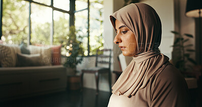 Buy stock photo Muslim, woman and prayer with faith at house for spiritual worship, religion belief and praise to Allah. Person, fasting and dua for Eid Mubarak guidance, holy devotion and gratitude of Islam culture