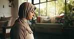 Muslim, woman and praying with faith at house for spiritual worship, religion belief and praise to Allah. Person, peace and fasting for Ramadan tradition, holy devotion and gratitude of Islam culture