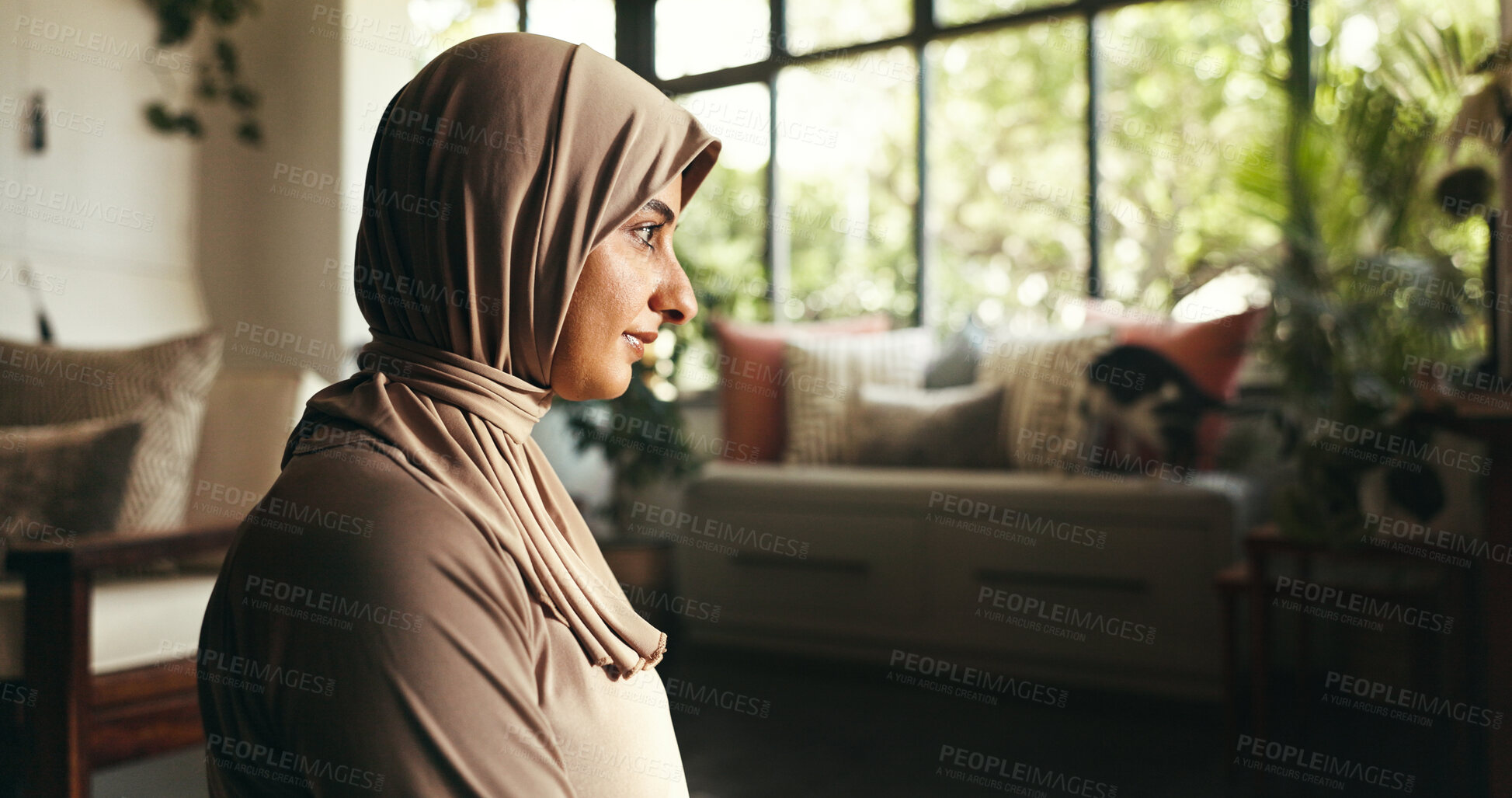 Buy stock photo Muslim, woman and prayer with belief at house for spiritual worship, religion guidance and praise to Allah. Person, fasting and dua for Eid Mubarak faith, holy devotion and gratitude of Islam culture