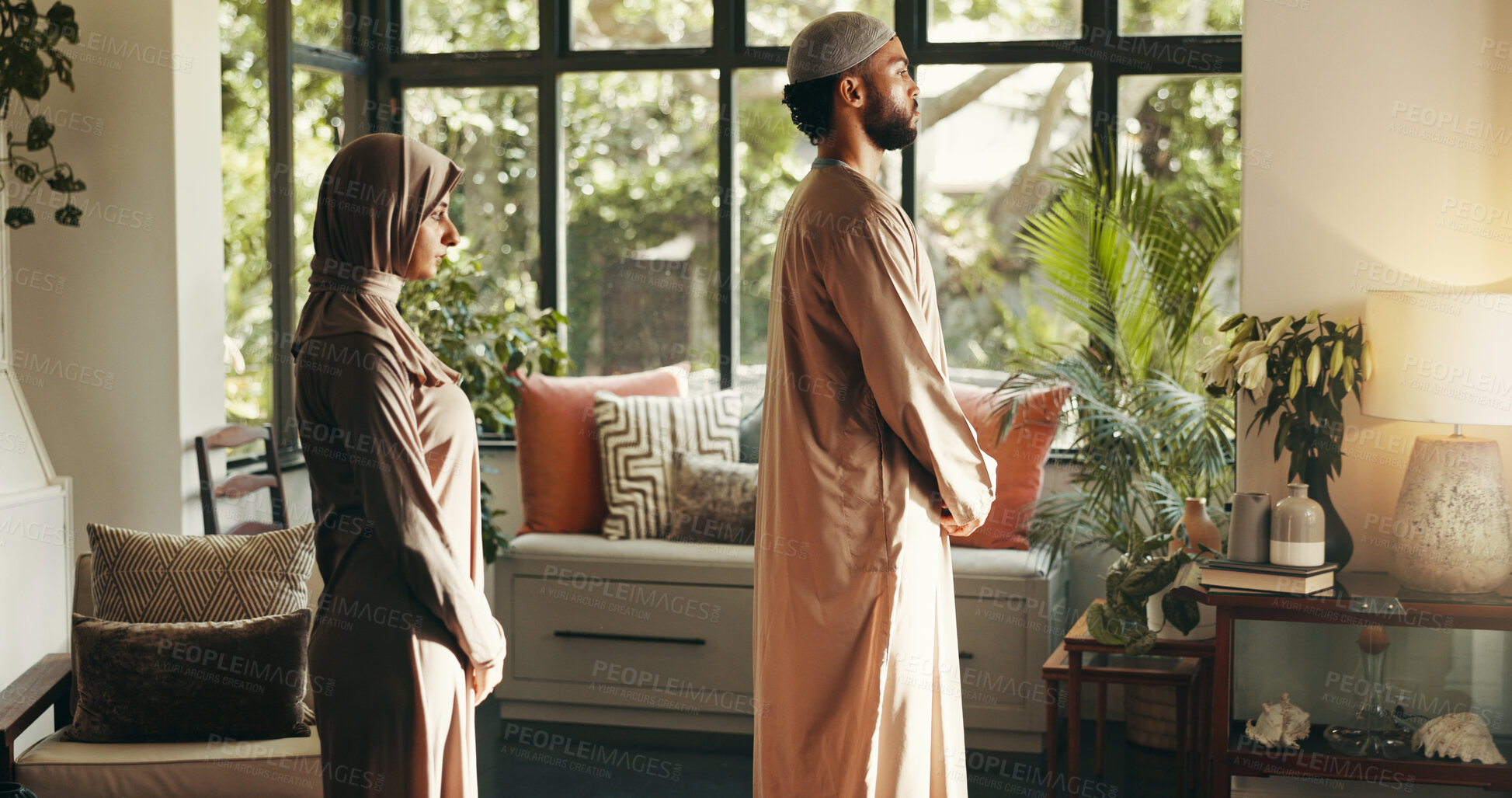Buy stock photo Muslim, couple and Islam praying at house of spiritual worship, religion respect and praise to Allah. People, marriage and fasting for Ramadan tradition, holy devotion and gratitude for belief in God