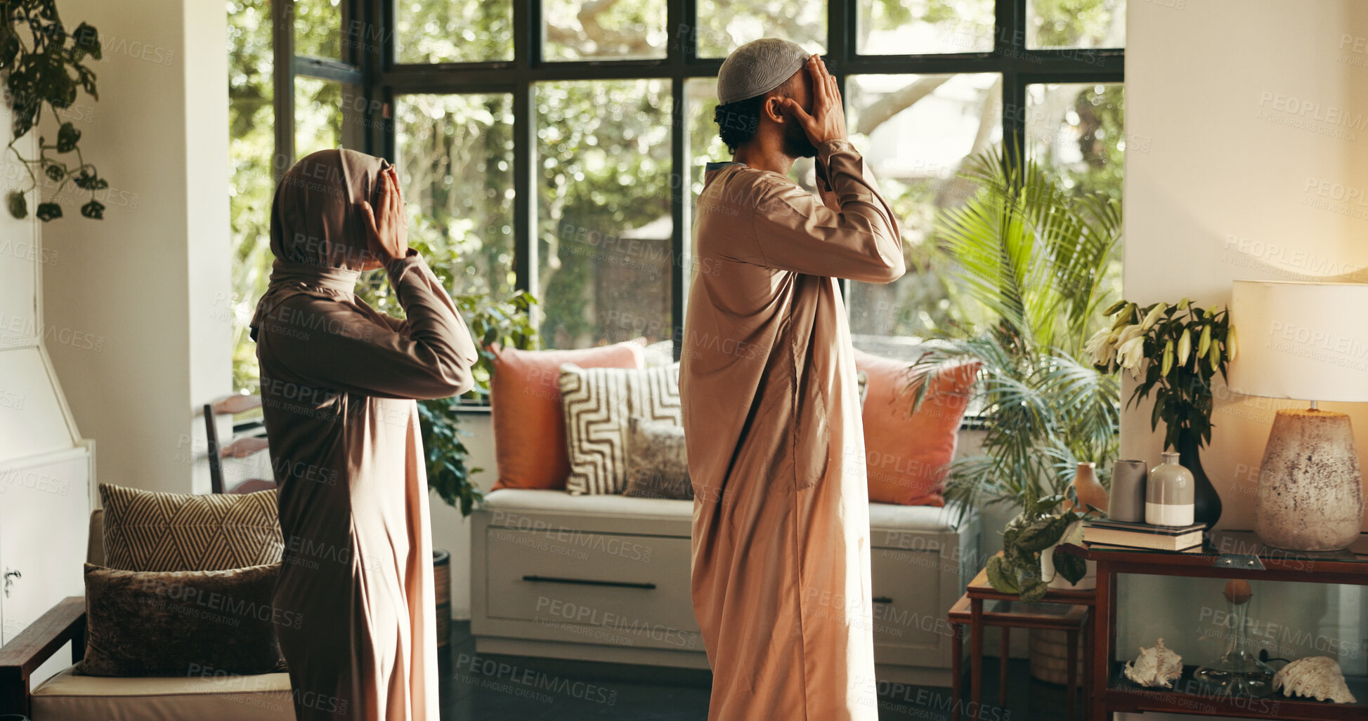 Buy stock photo Muslim, couple and praying with dua at house of spiritual worship, religion belief and praise to Allah. People, guidance and faith for Ramadan tradition, holy devotion and gratitude of Islam culture