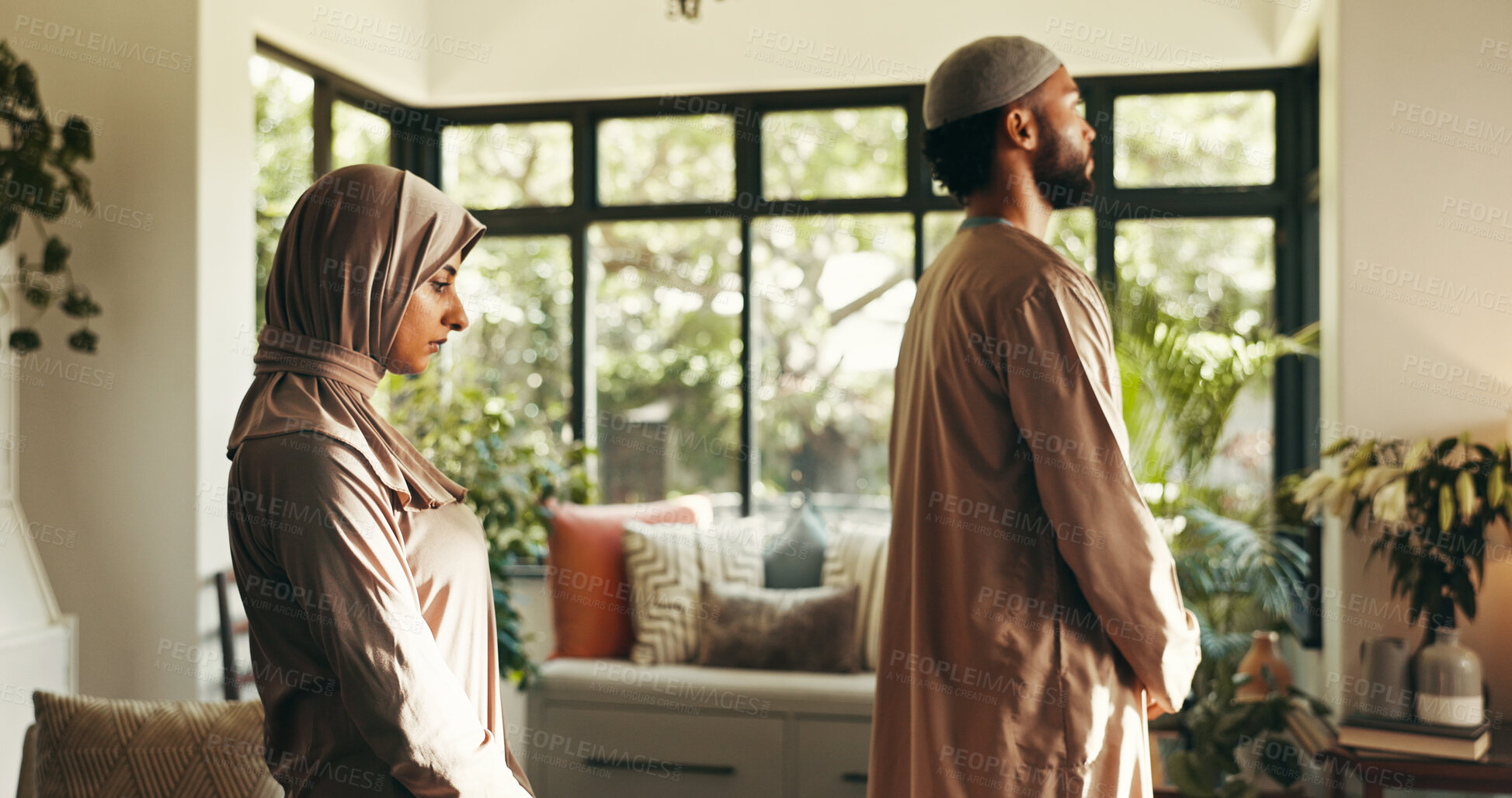 Buy stock photo Muslim, couple and Islamic prayer with faith of spiritual worship, religion belief and praise to Allah. People, dua and reflection for Eid Mubarak, holy devotion and gratitude with commitment at home