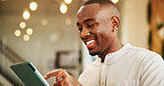 Tablet, happy and businessman in hotel lobby for checkin for corporate conference with travel. Research, technology and African finance advisor in accommodation for work trip at financial seminar.
