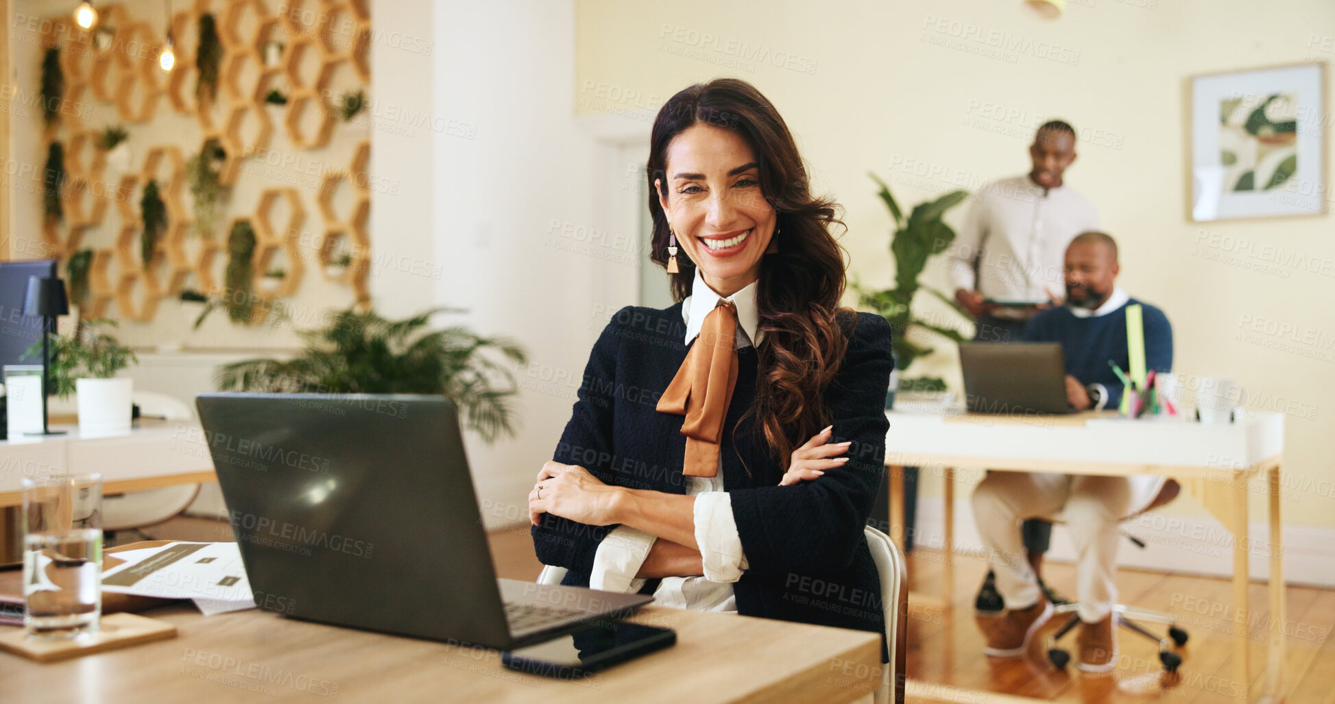Buy stock photo Arms crossed, laptop and portrait of business woman in office for editing or publishing. Computer, journalism and smile of creative employee in workplace for online magazine article or report