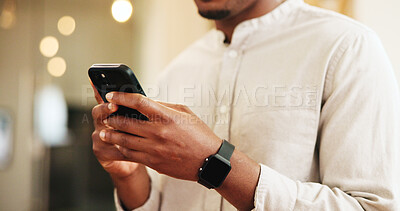 Buy stock photo Man, hands or typing with phone for social media, chatting or check in at luxury hotel. Closeup, male person or customer with mobile smartphone or app for online post, network or connection at resort