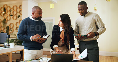 Buy stock photo Teamwork, laptop and meeting with business people in office for museum curator, event planning or startup. Artist exhibition, gallery and collaboration with employees in creative agency for research