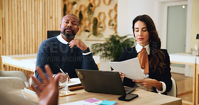 Buy stock photo Teamwork, people and review of documents, office and client with lawyer for patent, meeting or plan. Laptop, group and attorney with paperwork for legal info, discussion or negotiation for settlement