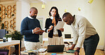 Teamwork, research and meeting with business people in office for museum curator, event planning or startup. Artist exhibition, gallery fundraising and collaboration with employees in agency