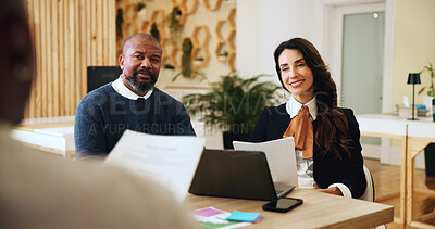 Buy stock photo Teamwork, people and smile for documents, office and client with lawyer for patent, meeting and plan. Law, group or attorney with paperwork for legal info, discussion or help for contract negotiation