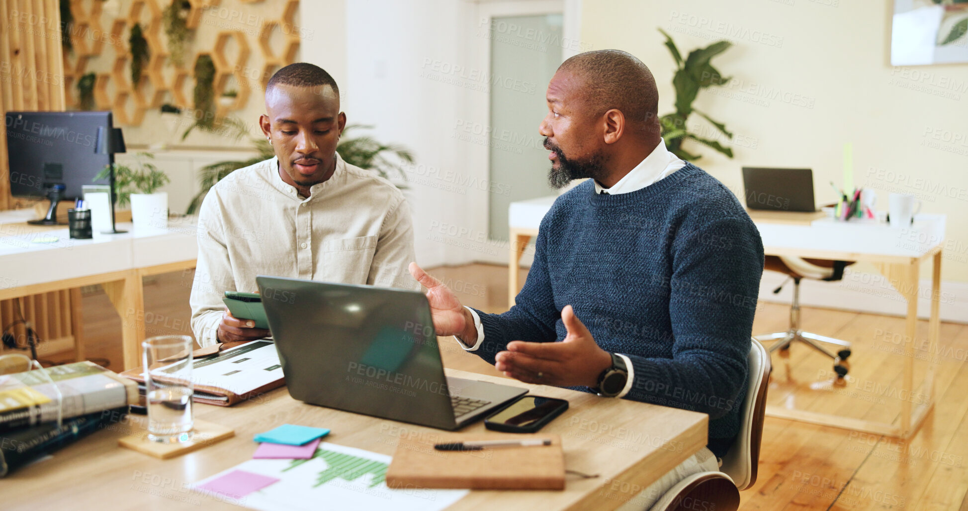 Buy stock photo Business, people and meeting on laptop in office of training advice, website solution and feedback. Black men, talk and mentoring support, schedule update and investment report for online of startup