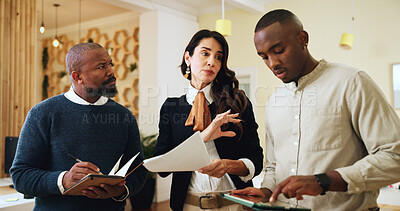 Buy stock photo Teamwork, planning and meeting with business people in office for museum curator, event research or startup. Artist exhibition, gallery fundraising and collaboration with employees in agency