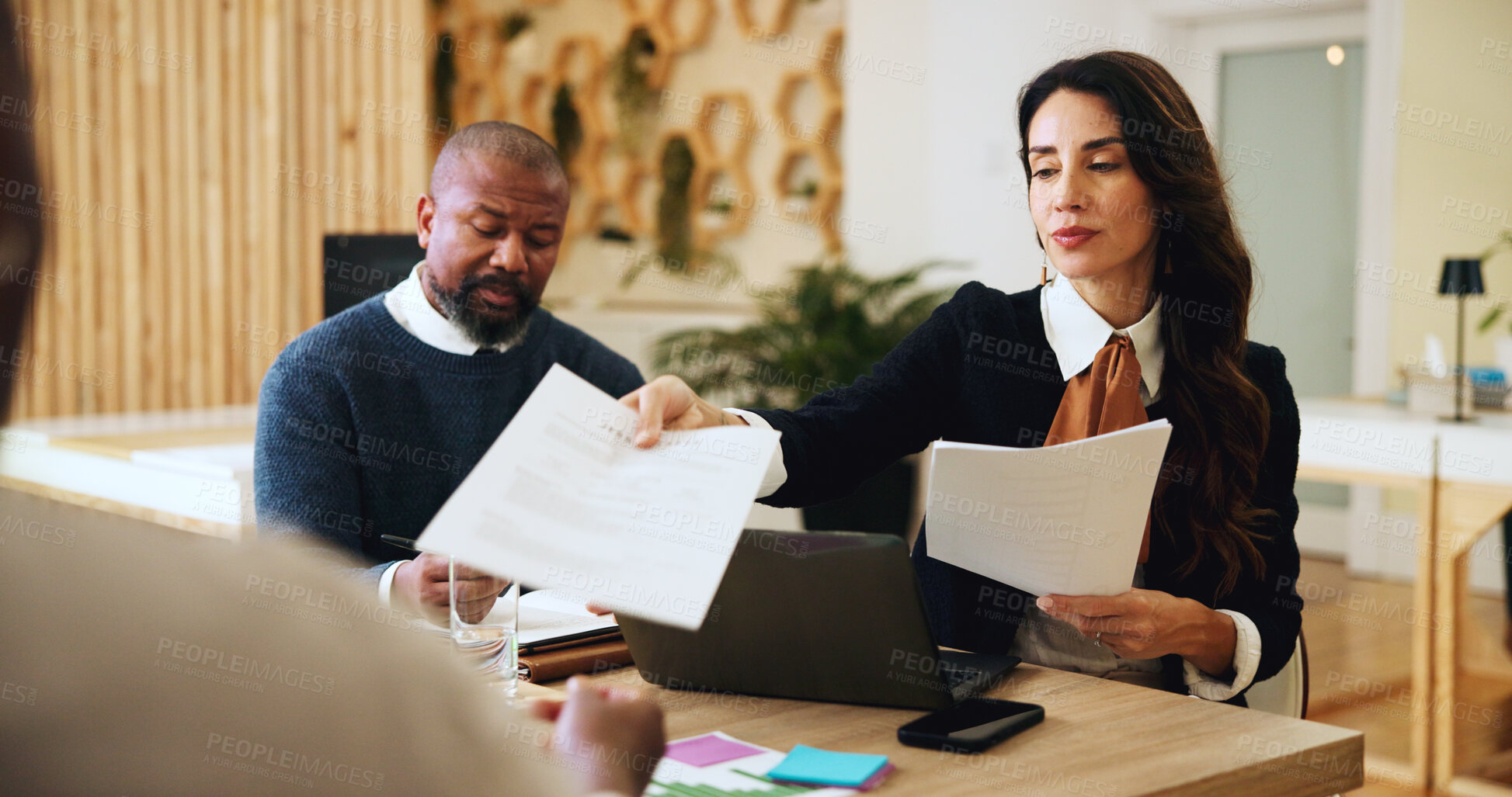 Buy stock photo Teamwork, client or people with documents, office and lawyer with patent, plan or tech in meeting. Law, group or attorney with paperwork for legal info, discussion or help for settlement negotiation