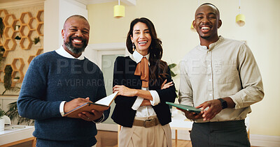 Buy stock photo Teamwork, smile and portrait of business people in office for museum curator, event planning or startup. Artist exhibition, gallery fundraising and collaboration with employees in agency for director