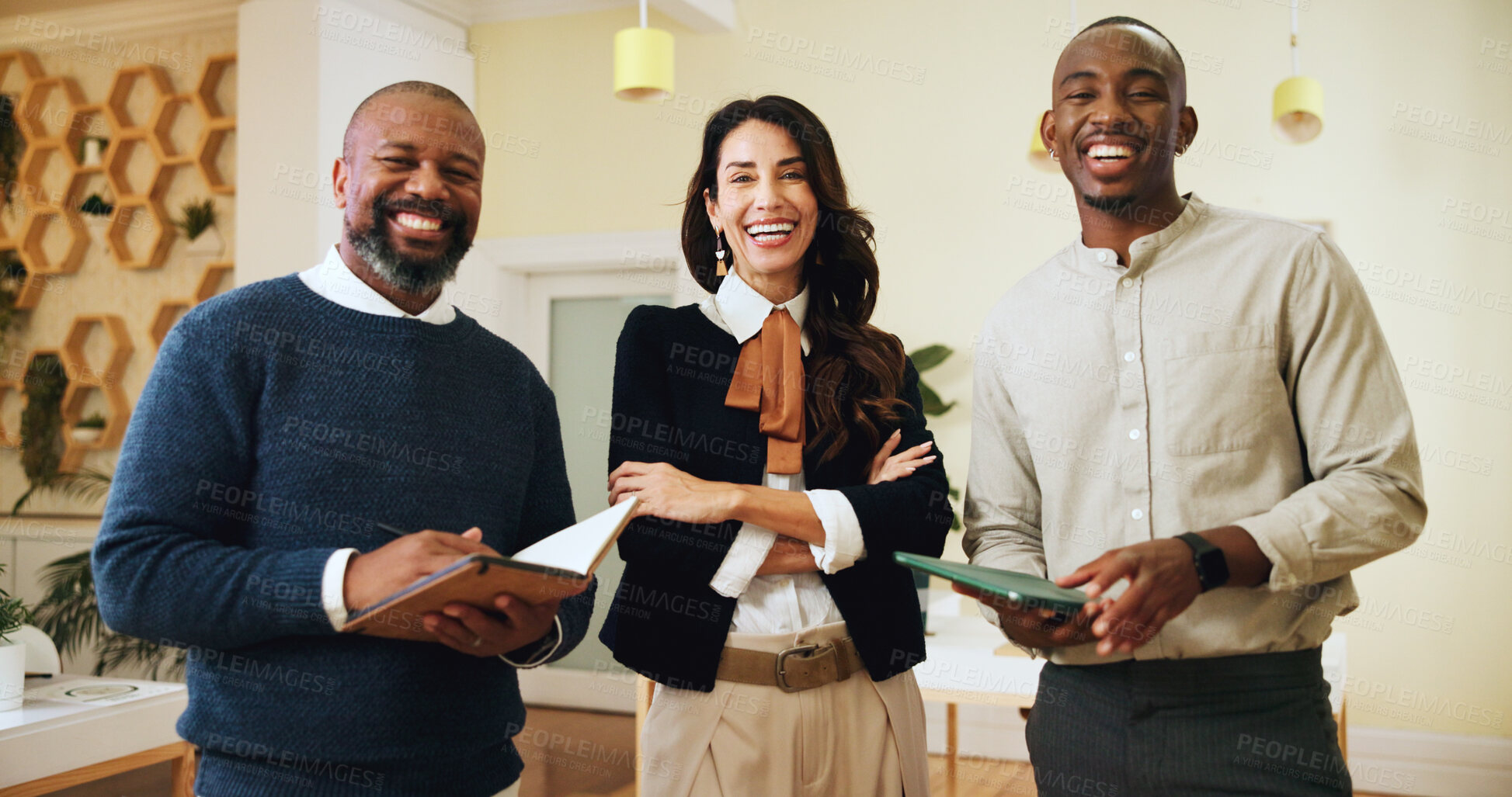 Buy stock photo Teamwork, smile and portrait of business people in office for museum curator, event planning or startup. Artist exhibition, gallery fundraising and collaboration with employees in agency for director