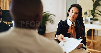 Buy stock photo Office, people and review of documents, serious and sales manager with colleagues in meeting and teamwork. Business, collaboration and plan with market research, discussion or employee with paperwork