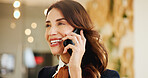 Phone call, smile and thinking with business woman in office for communication or publishing. Conversation, future and idea with happy employee in workplace for editing, negotiation or update