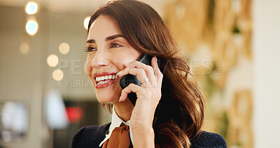 Buy stock photo Phone call, smile and thinking with business woman in office for communication or publishing. Conversation, technology and idea with happy employee in workplace for editor, negotiation or update