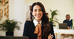 Happy, business and woman for portrait in office of about us, event planning and art curator. Female person, creative artist or arms crossed for collection, artwork exhibit and opportunity at gallery