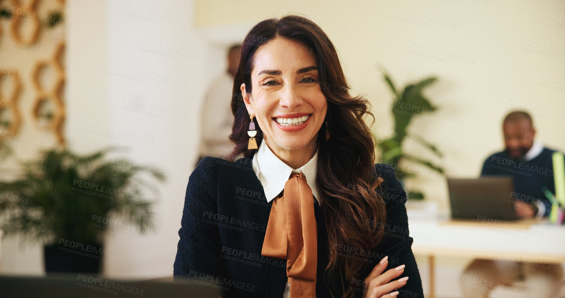 Buy stock photo Happy, business and woman for portrait in office of about us, event planning and art curator. Female person, creative artist or arms crossed for collection, artwork exhibit and opportunity at gallery