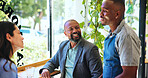 Happy, waiter and couple in coffee shop for order for latte in morning for wake up, reunion or connection. Smile, barista and server with customers in cafeteria for checkup with hospitality service.