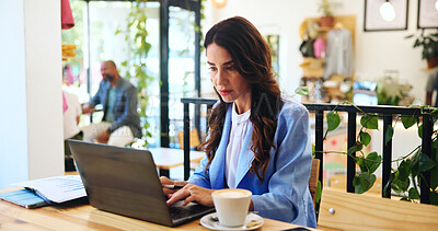 Buy stock photo Reading, research and laptop with woman in cafe for remote worker, typing and planning. Feedback, business and client report with person in coffee shop for freelancer, invoice and information