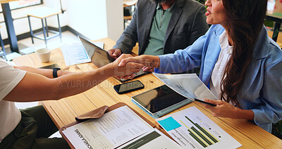 Buy stock photo Meeting, handshake and people with documents, cafe and colleagues with marketing proposal for campaign. Agreement, above and plan with paperwork in coffee shop, brand manager or teamwork for business