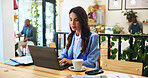 Reading, business and laptop with woman in cafe for typing, remote worker and research. Planning, client feedback and online review with female person in coffee shop for email, idea and update