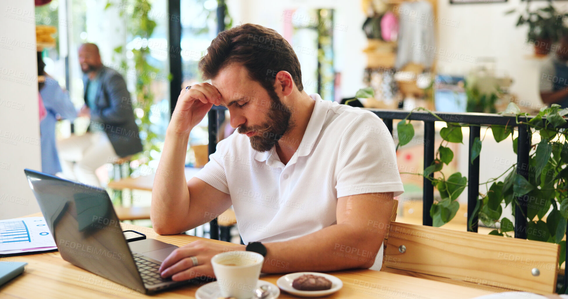 Buy stock photo Sad, laptop and freelancer with man in cafe for journalist, remote worker and research stress. Planning, editor rejection and fail with male person in coffee shop for writes block and update