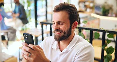 Buy stock photo Smile, business and man with phone at cafe for communication, bank consultant and freelancer. Person, mobile research and happy of financial planning, schedule update and investment feedback at shop