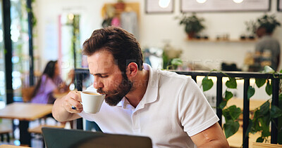 Buy stock photo Drink, laptop and freelancer with man in cafe for journalist, remote worker and research. Planning, editor feedback and networking with male person in coffee shop for article writing and update
