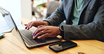 Typing, hands and laptop with man in cafe for journalist, remote worker and research. Planning, editor feedback and networking with closeup of person in coffee shop for article writing and update