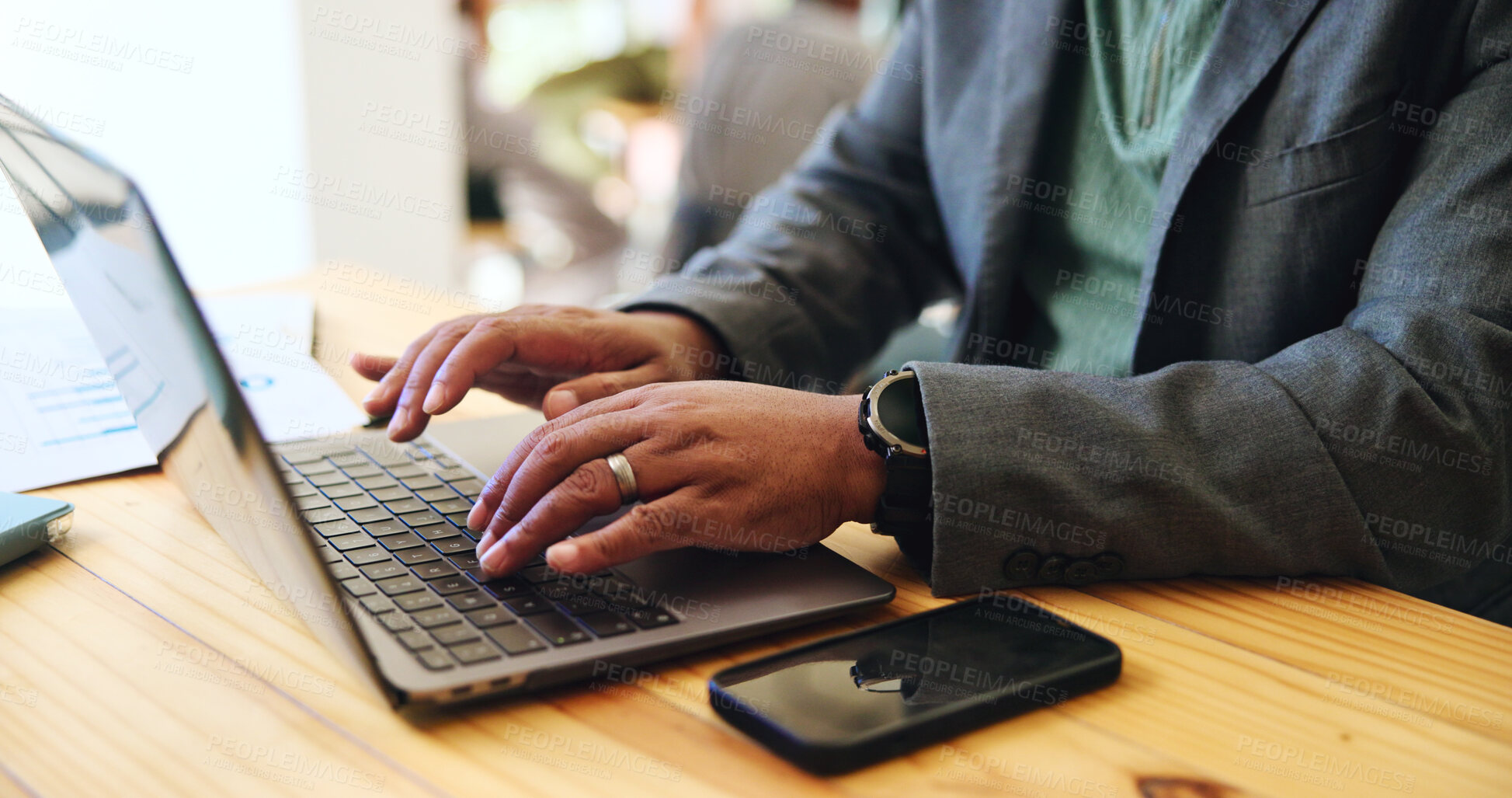 Buy stock photo Typing, hands and laptop with man in cafe for journalist, remote worker and research. Planning, editor feedback and networking with closeup of person in coffee shop for article writing and update