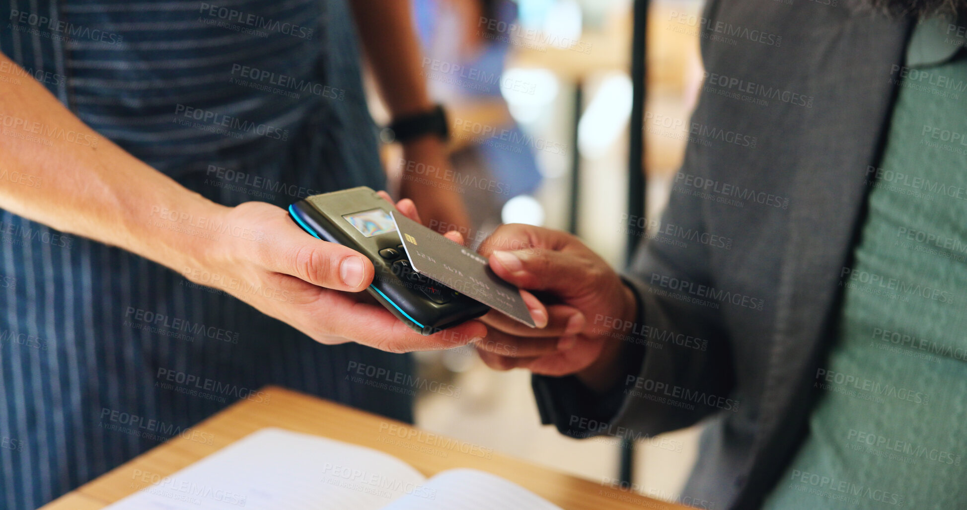 Buy stock photo Card, payment and hands of people in cafe with sales, hospitality service and easy credit. Banking, waiter and customer in coffee shop with POS machine for cashless transaction at small business