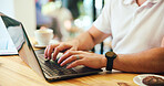 Typing, hands and freelancer with man in cafe for journalist, remote worker and research. Planning, editor feedback and networking with closeup of person in coffee shop for article writing and update