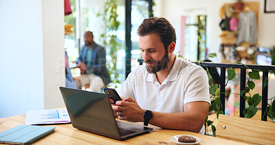 Buy stock photo Phone, laptop and freelancer with man in cafe for journalist, remote worker and research. Planning, editor feedback and networking with male person in coffee shop for article writing and update