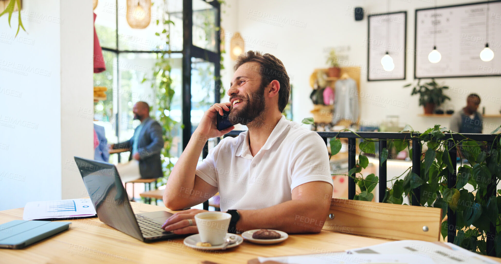 Buy stock photo Laughing, phone call and laptop with man in cafe for remote worker, funny and planning. Feedback, communication and comic with person in coffee shop for freelancer, client contact and information