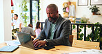 Research, business and laptop with man in cafe for typing, remote worker and reading. Planning, client feedback and online review with male person in coffee shop for email, idea and project update