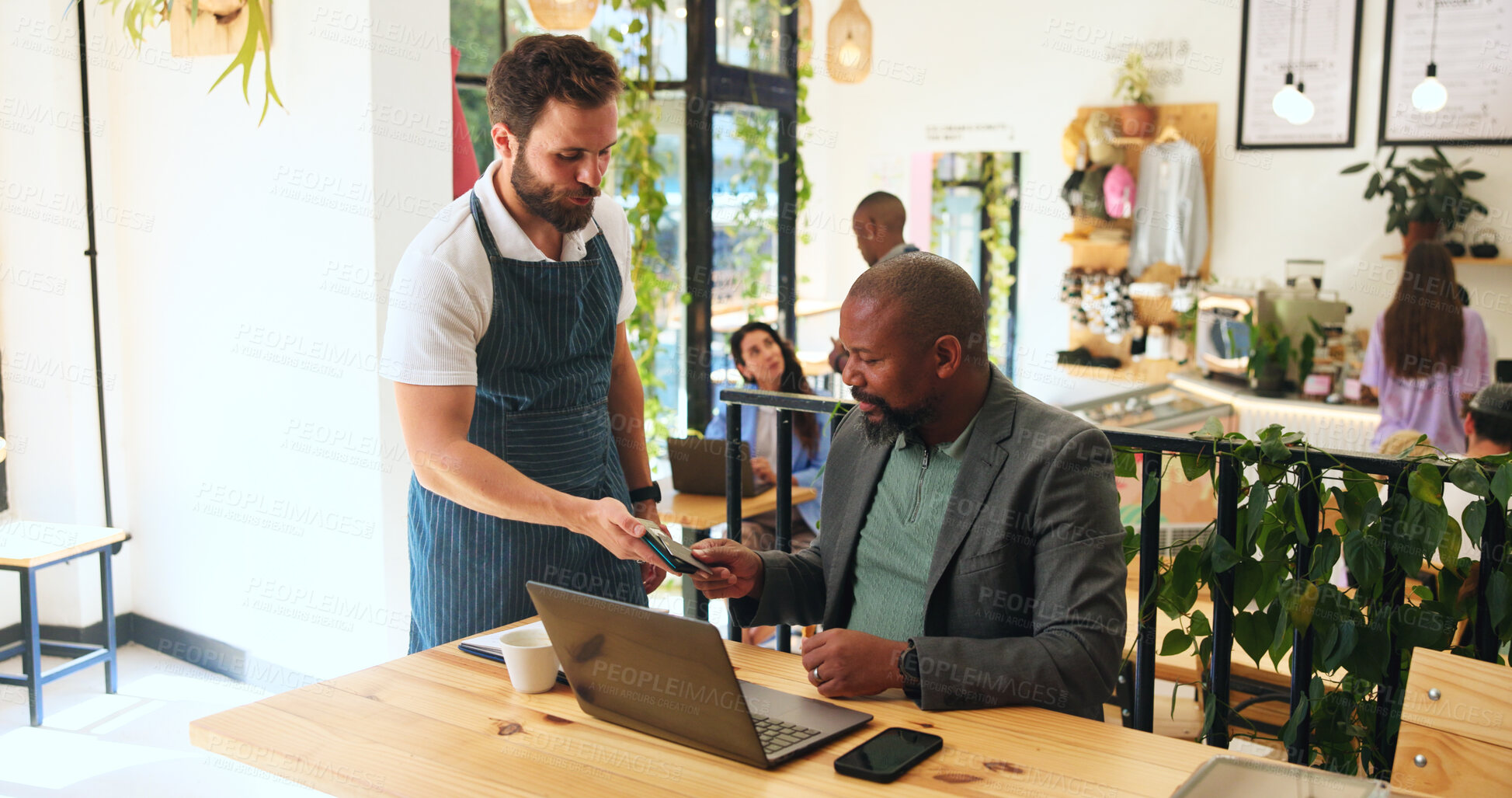 Buy stock photo Card, payment and men in cafe with laptop, hospitality service and easy credit for remote work. Banking, waiter and customer in coffee shop with pos machine for cashless transaction at small business