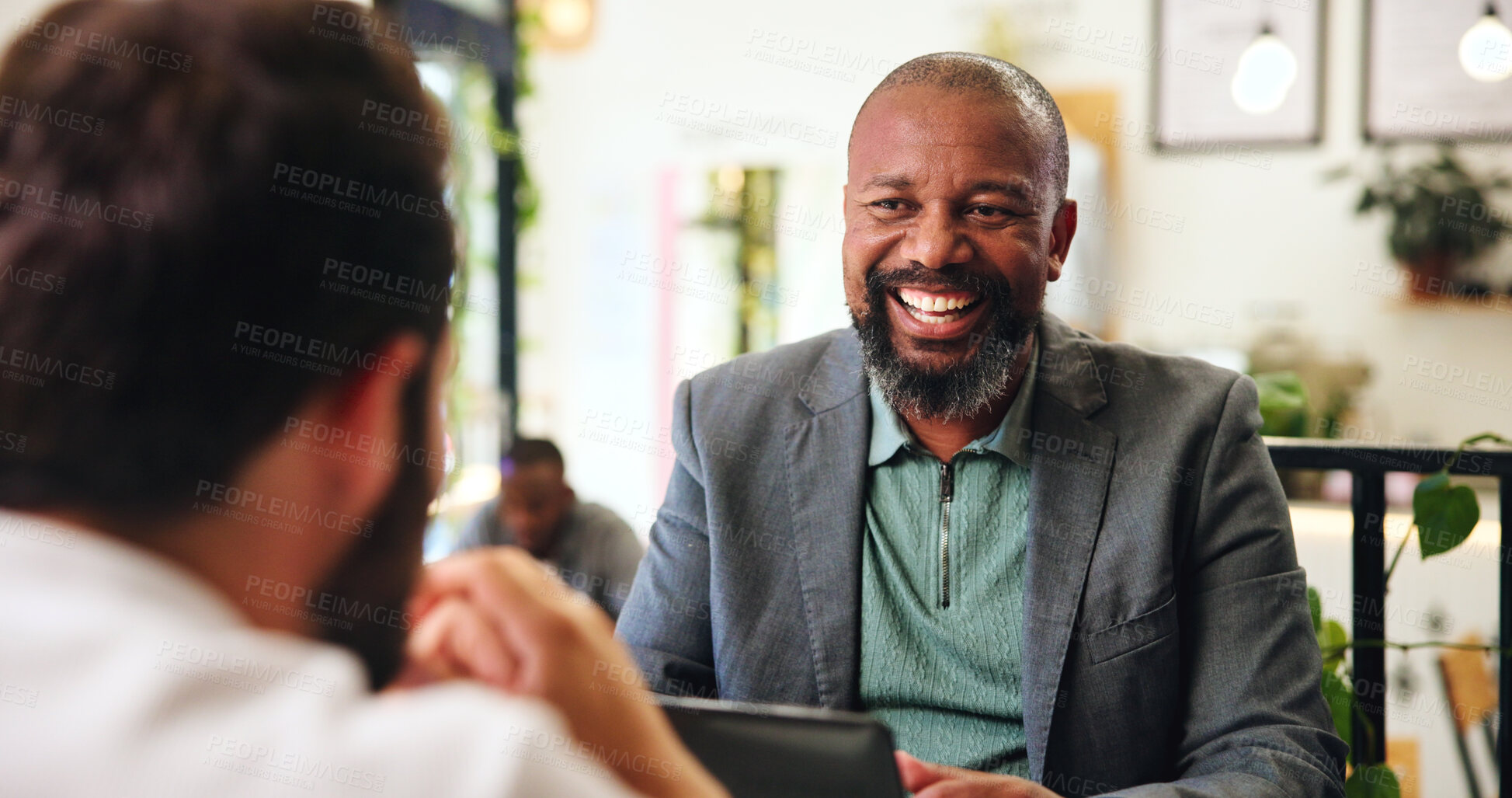 Buy stock photo Laugh, happy and business men in coffee shop for lunch meeting, networking and discussion. Restaurant, cafe and people with tablet for planning, collaboration and conversation for online project