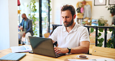 Buy stock photo Typing, laptop and freelancer with man in cafe for journalist, remote worker and research. Planning, editor feedback and networking with male person in coffee shop for article writing and update