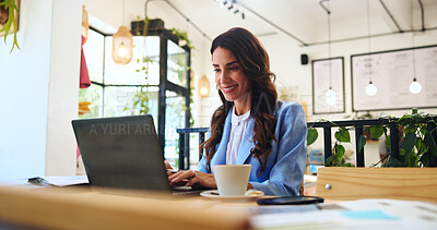 Buy stock photo Happy, business and laptop with woman in cafe for typing, remote worker and research. Planning, client feedback and online review with female person in coffee shop for email, idea and update