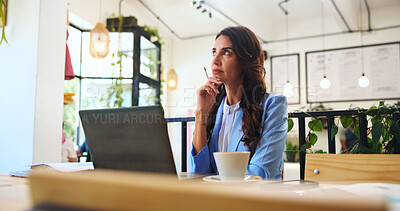 Buy stock photo Thinking, research and laptop with woman in cafe for remote worker, reflection and planning. Feedback, vision and client communication with person in coffee shop for freelancer, email and connection