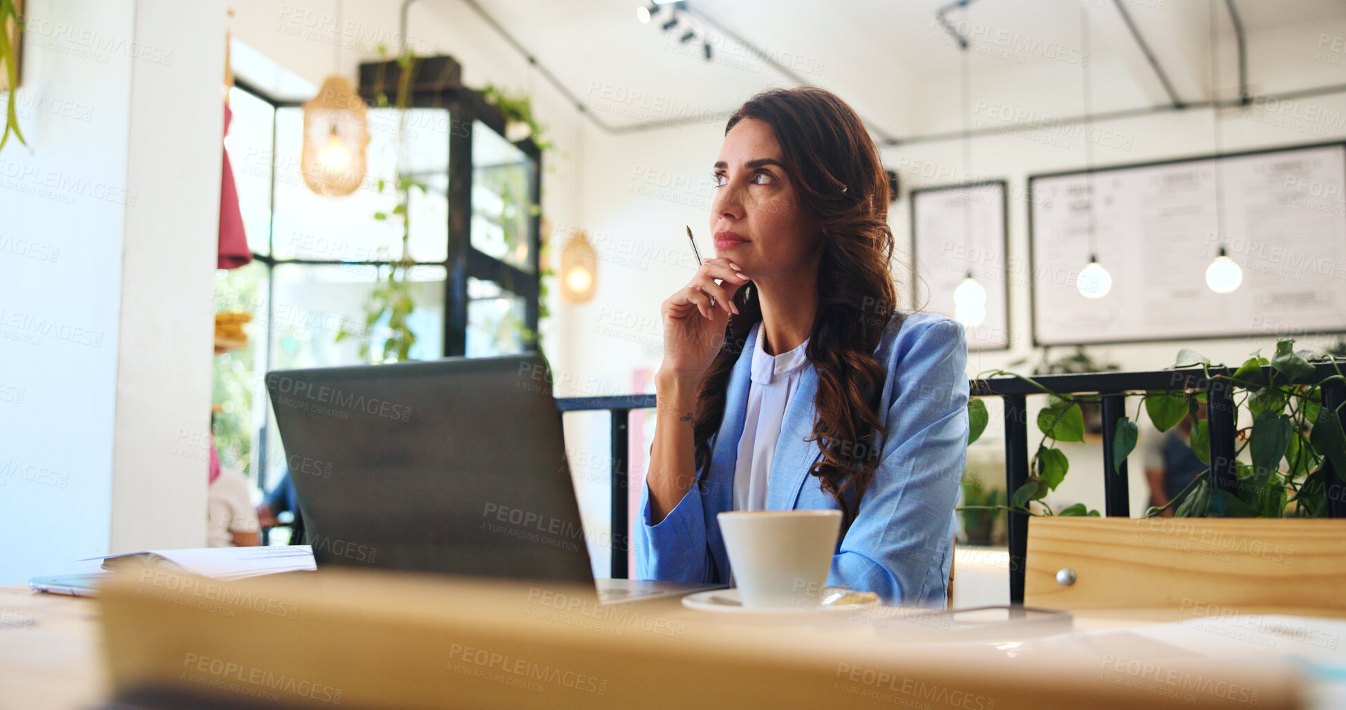 Buy stock photo Thinking, research and laptop with woman in cafe for remote worker, reflection and planning. Feedback, vision and client communication with person in coffee shop for freelancer, email and connection