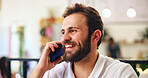 Business, phone call and man in coffee shop, conversation and communication for appointment. Employee, copywriting and consultant in cafe, cellphone and digital app with schedule, smile and chatting