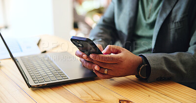 Buy stock photo Hands, business and man with phone at cafe for communication, bank consultant and freelancer. Person, mobile research and laptop of financial planning, schedule update and investment feedback at shop