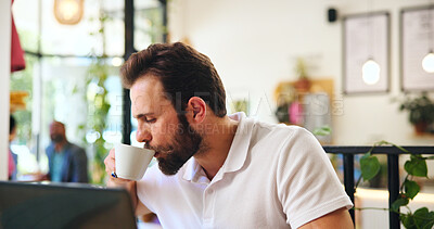 Buy stock photo Cup, drink and laptop with man in cafe for remote worker, typing and planning. Feedback, business and client report with person and latte in coffee shop for freelancer, beverage and research